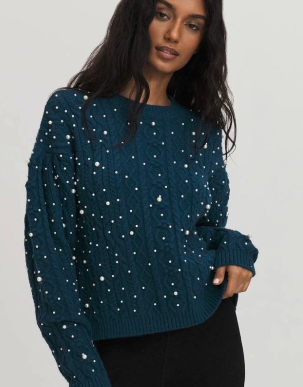 Something Navy Shelby Cable Knit Faux Pearl Crew Neck Chunky Knit Sweater Teal